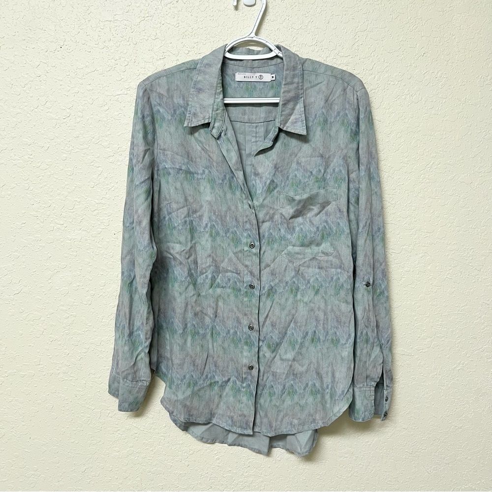 Billy T Button Down Shirt Womens Sz M Pastel Watercolor Linen Lyocell Roll Tab